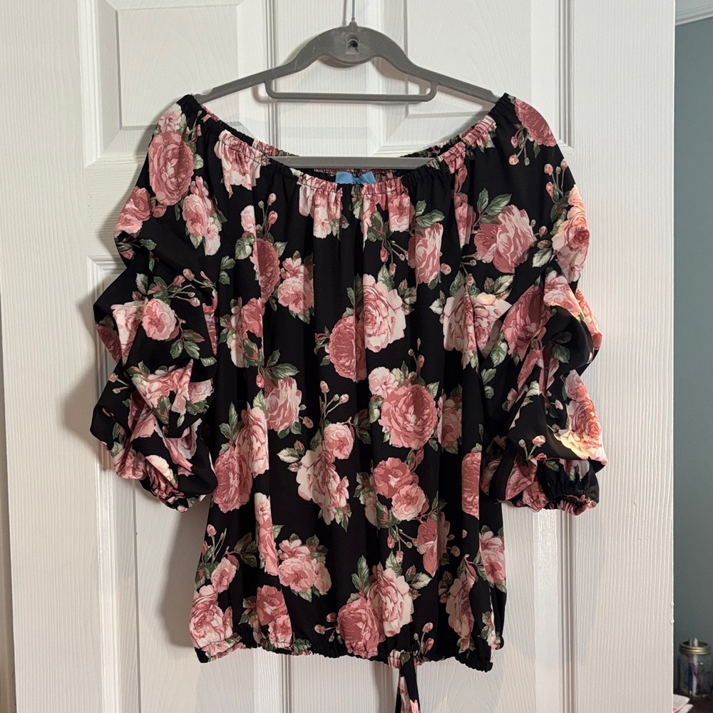 CeCe Black and Pink Floral Blouse